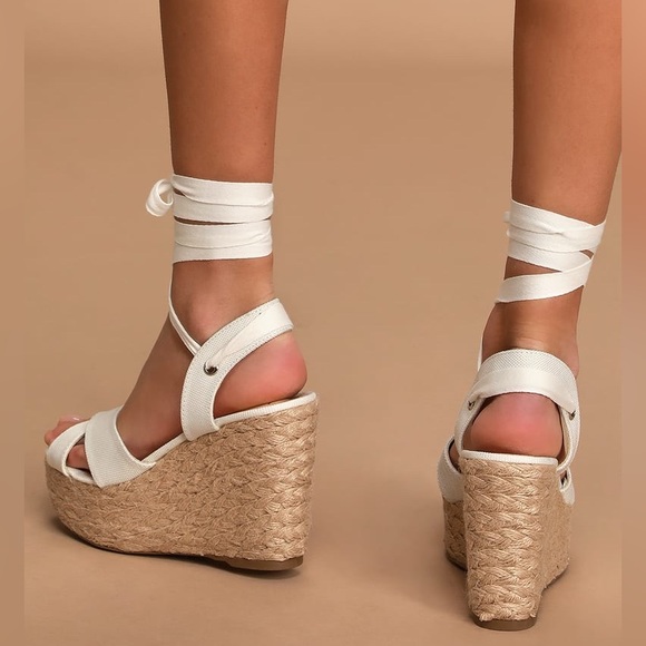 SOLD NEW Lulu’s Esme White Lace-Up Espadrille Wedges - Picture 3 of 9